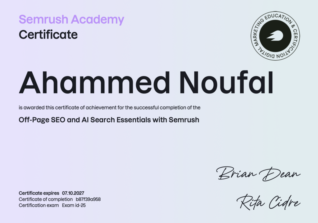 Ahammed noufal's Certificate of page SEO