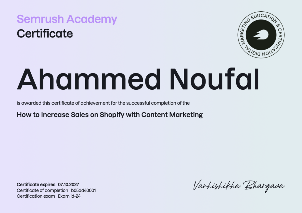 Ahammed noufal's Certificate of page shopify